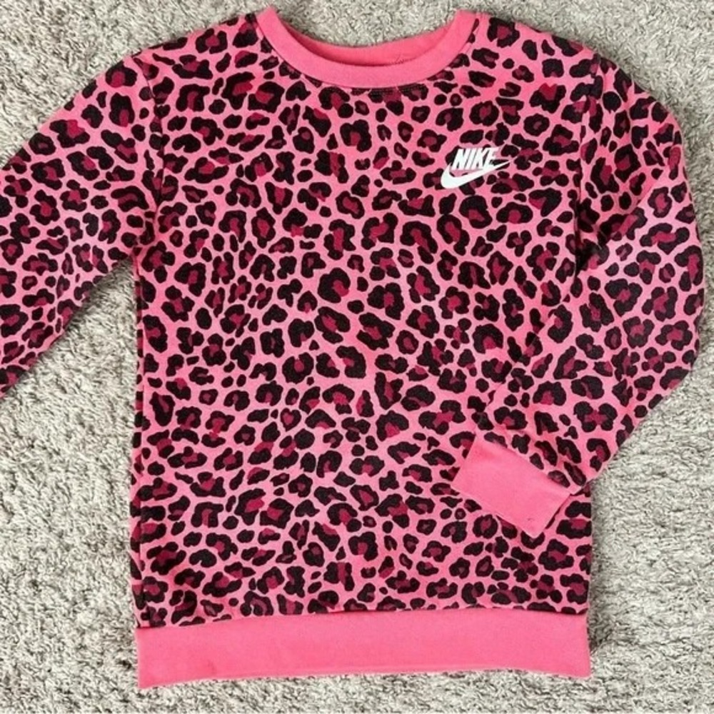 Nike I Kids Girls Pink‎ Black Leopard Print Crewneck Sweatshirt I Size M (6/8) - Picture 3 of 8